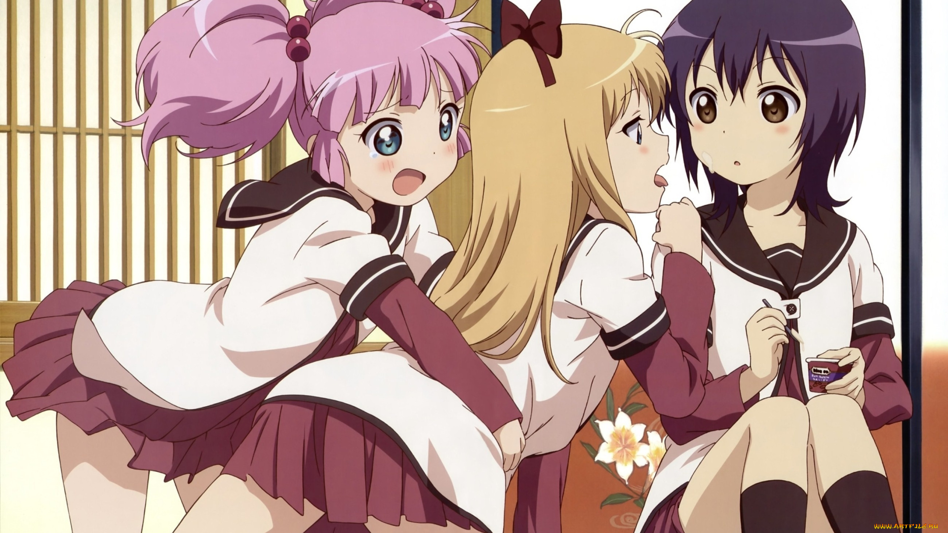 yuru, yuri, аниме, фон, взгляд, девушки