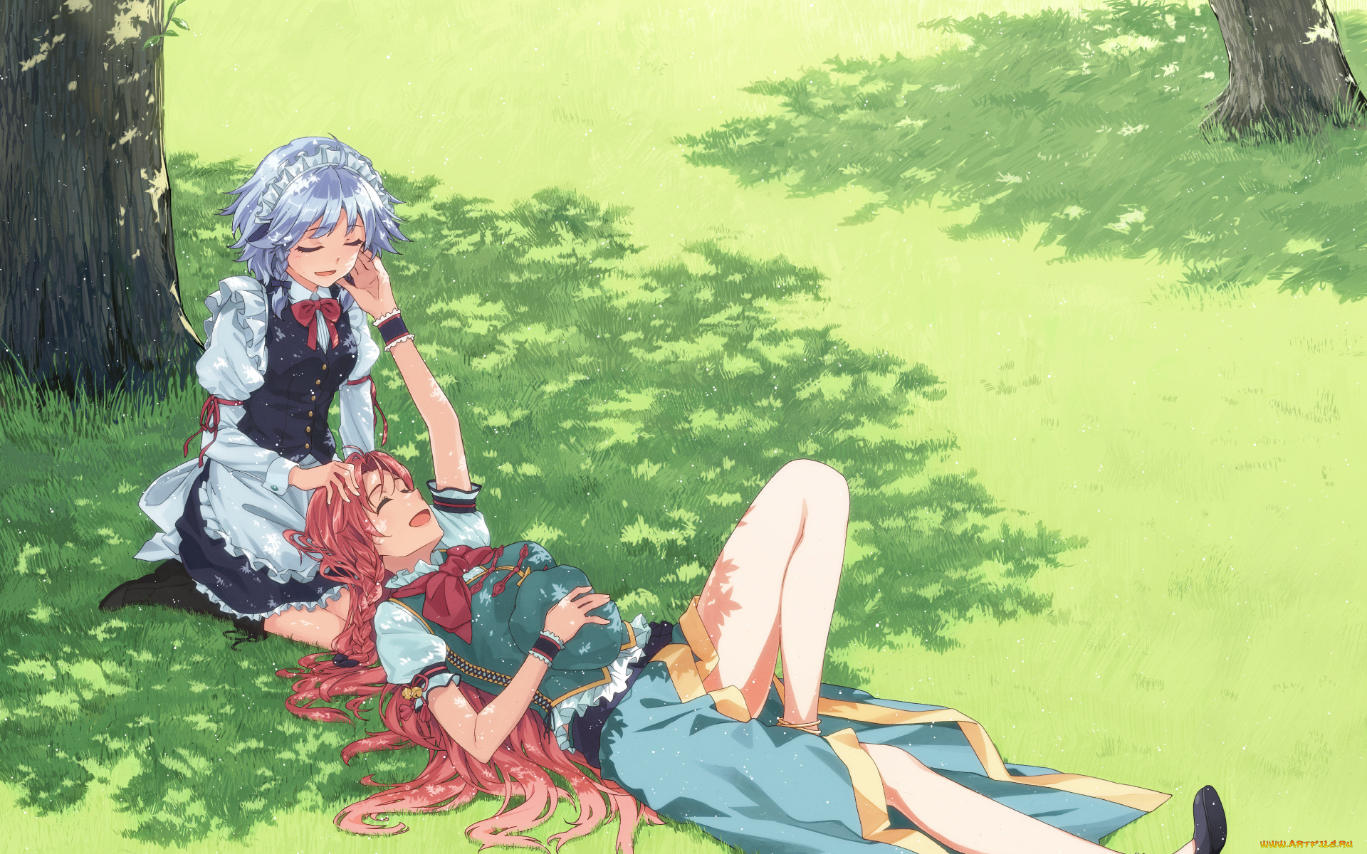 аниме, touhou, девушки, взгляд, фон