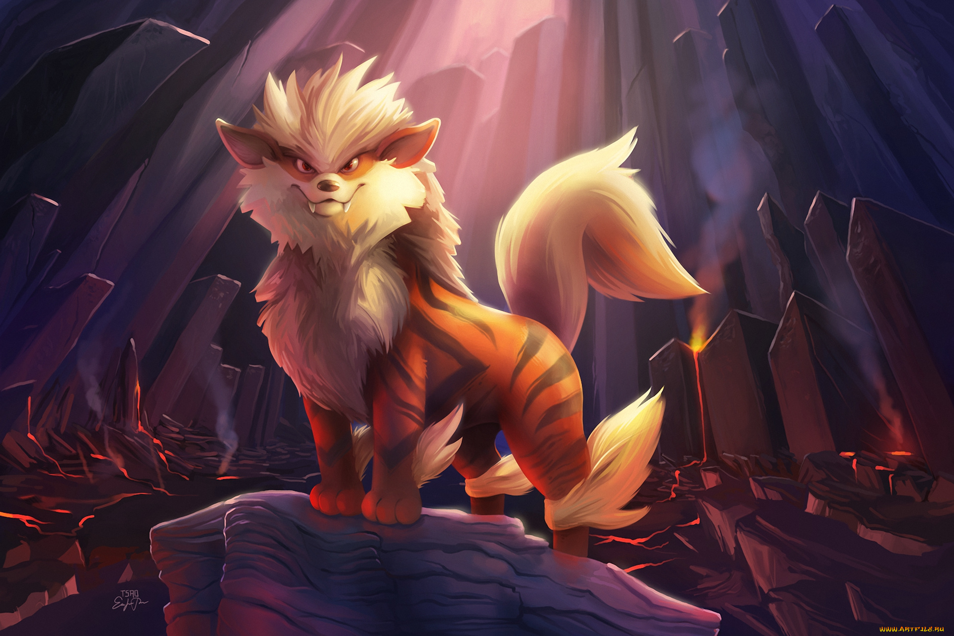 аниме, pokemon, покемон, arcanine, монстр, скала, пещера