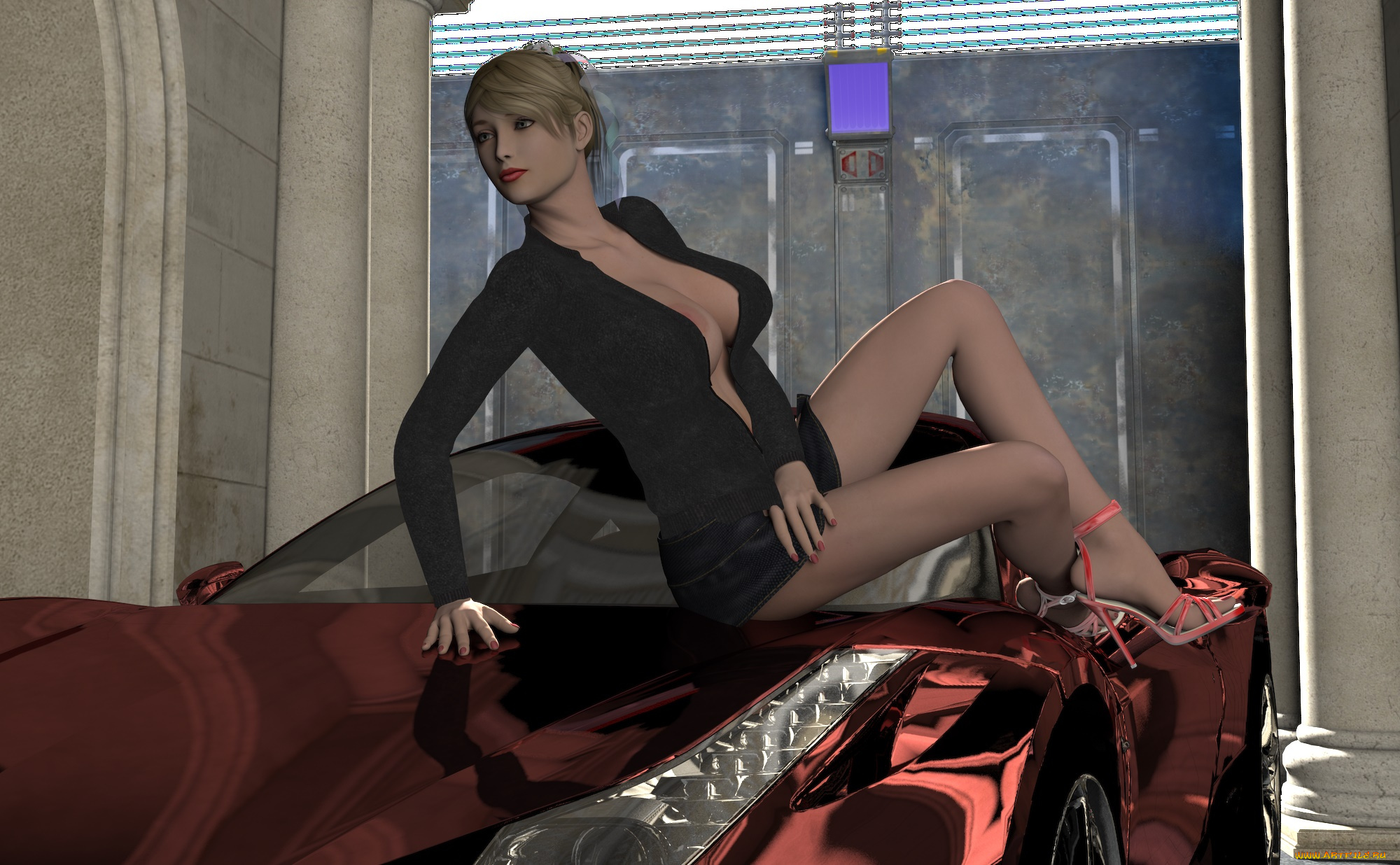 3д, графика, люди-авто, мото, , people-, car, , , moto, девушка, взгляд, фон, автомобиль