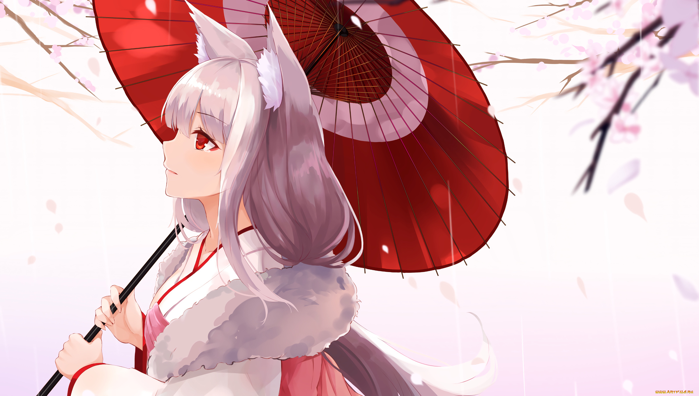 аниме, unknown, , другое, фон, зонтик, взгляд, девушка