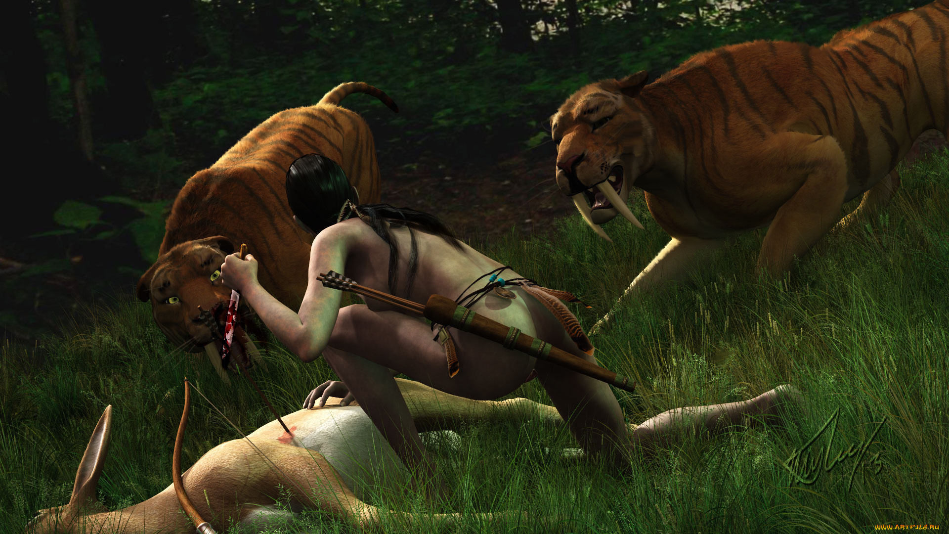 3д, графика, фантазия, , fantasy, девушка, взгляд, фон, тигр