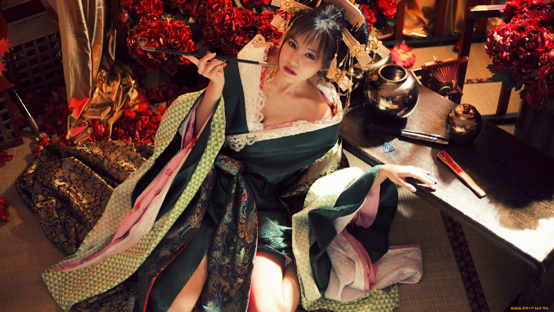 девушки, -unsort, , азиатки, азиатка, кимоно, трубка, гейша, стиль, цветы