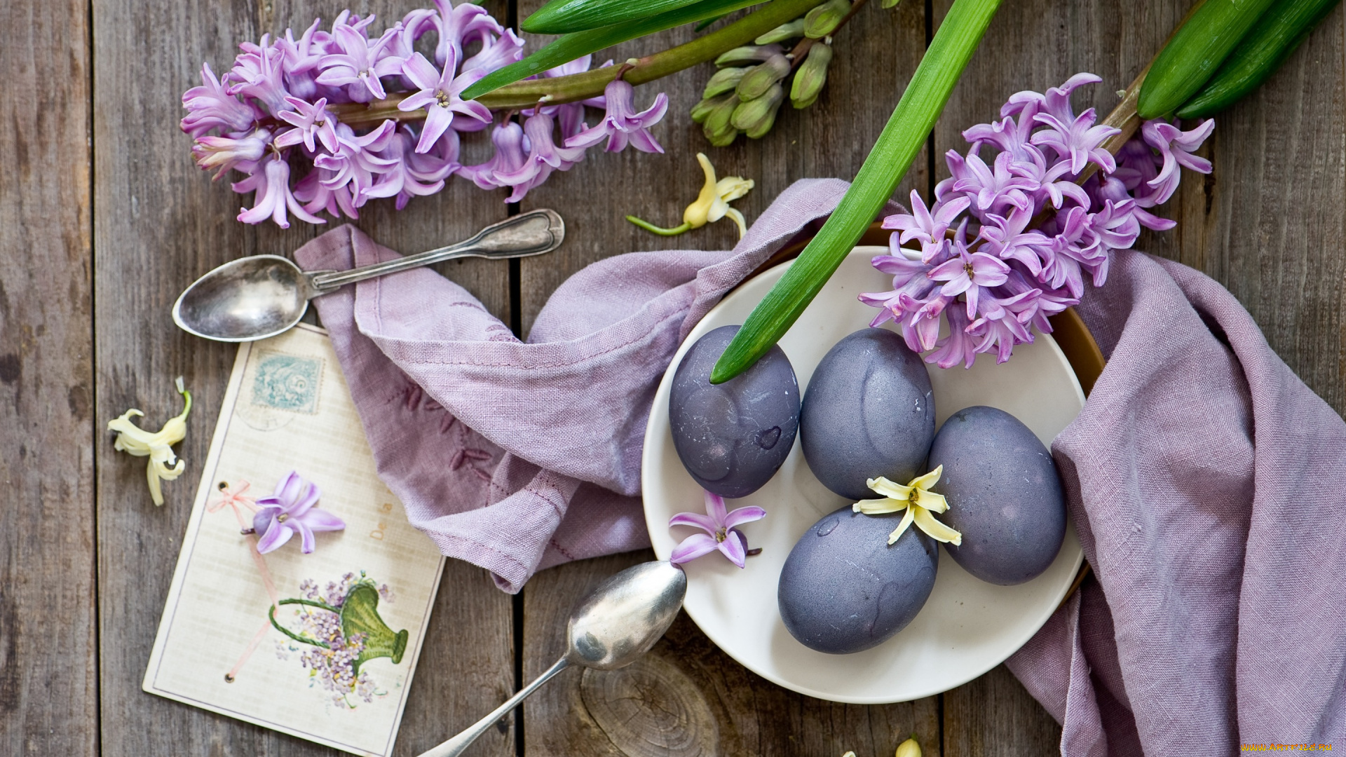 праздничные, пасха, цветы, гиацинты, ложки, яйца, крашенки, открытка