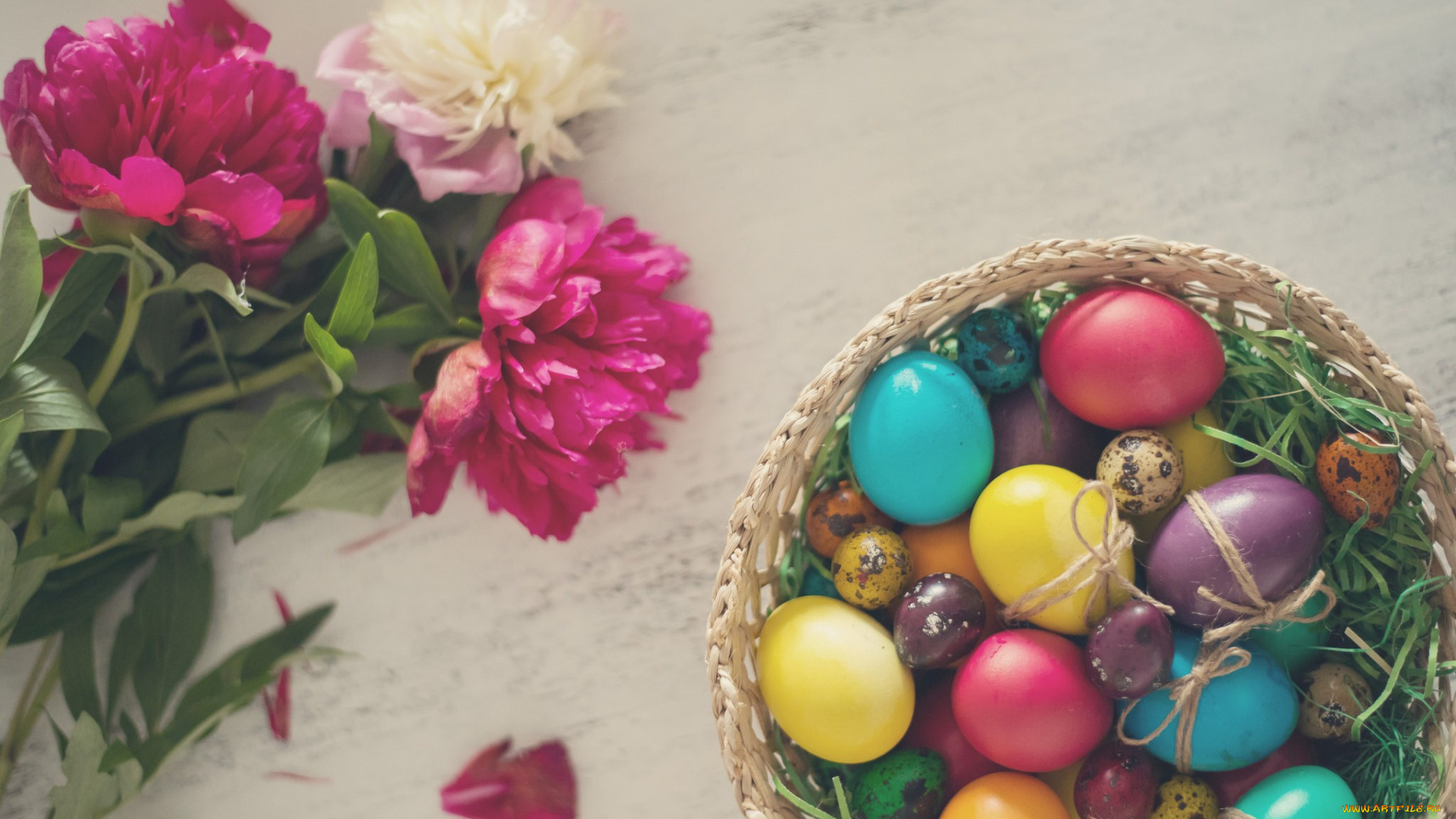 праздничные, пасха, яйца, цветы, крашенки, пионы