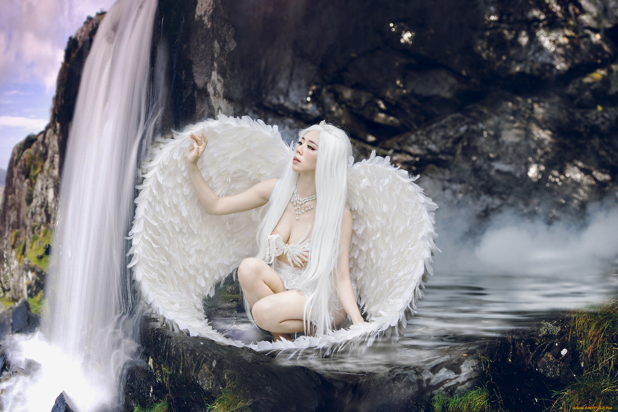 девушки, -unsort, , креатив, перья, вода, азиатка, крылья, водопад, стиль, лебёдушка, поза, девушка