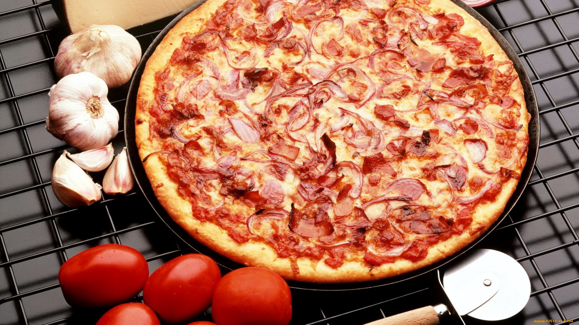 еда, пицца, чеснок, помидоры, лук, сыр, томаты