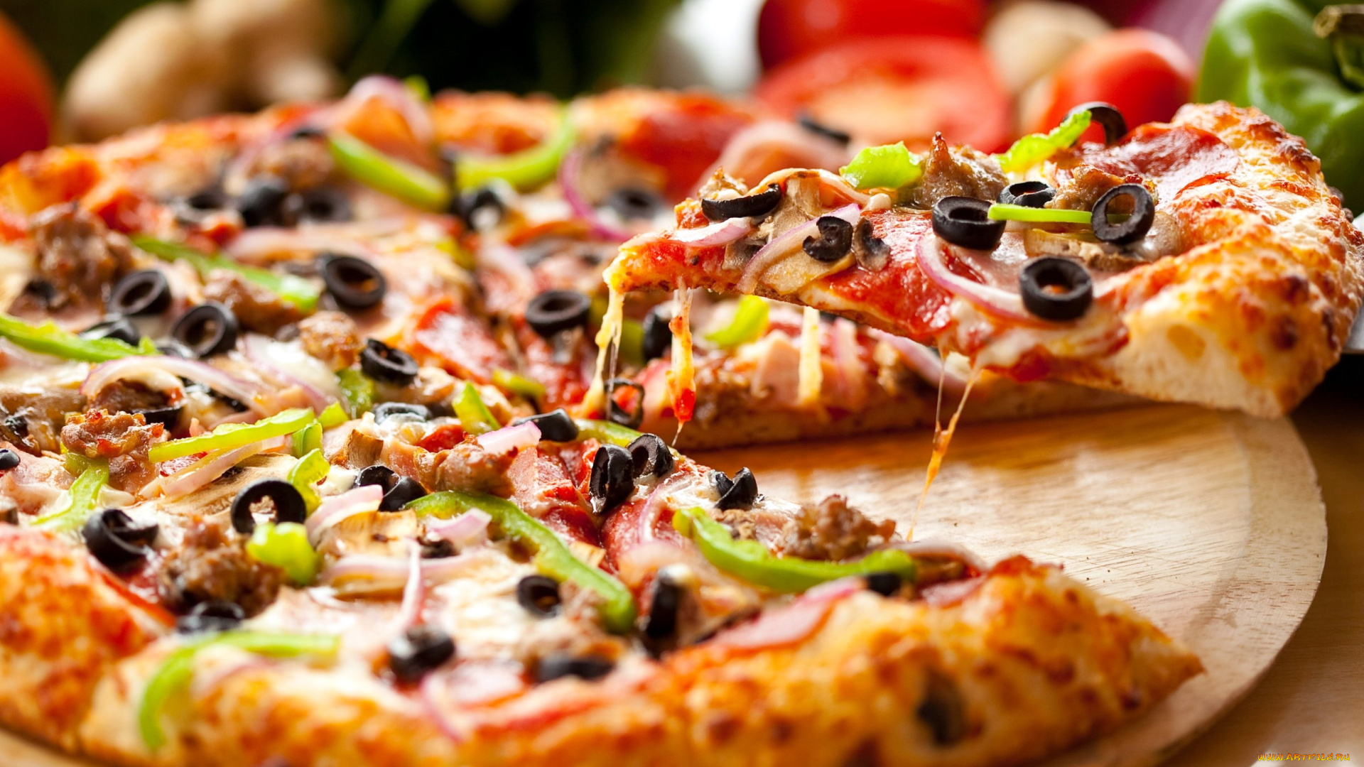 еда, пицца, помидоры, перец, маслины, сыр