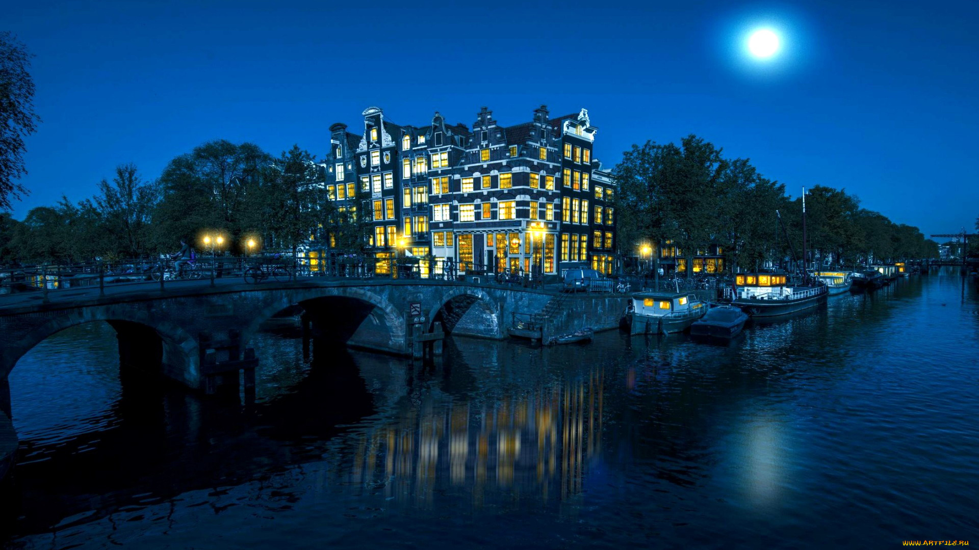 города, амстердам, , нидерланды, мост, канал, луна, вечер