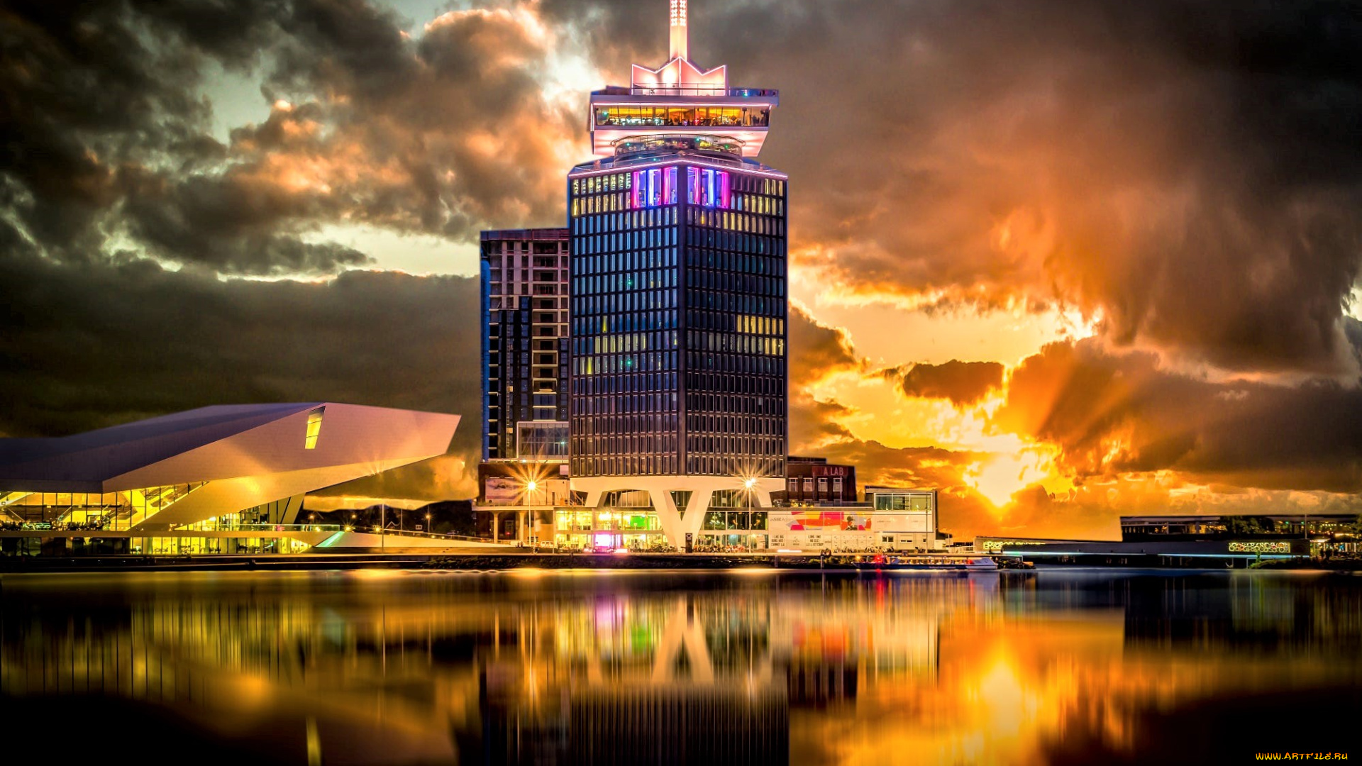 города, амстердам, , нидерланды, огни, река, облака, вечер