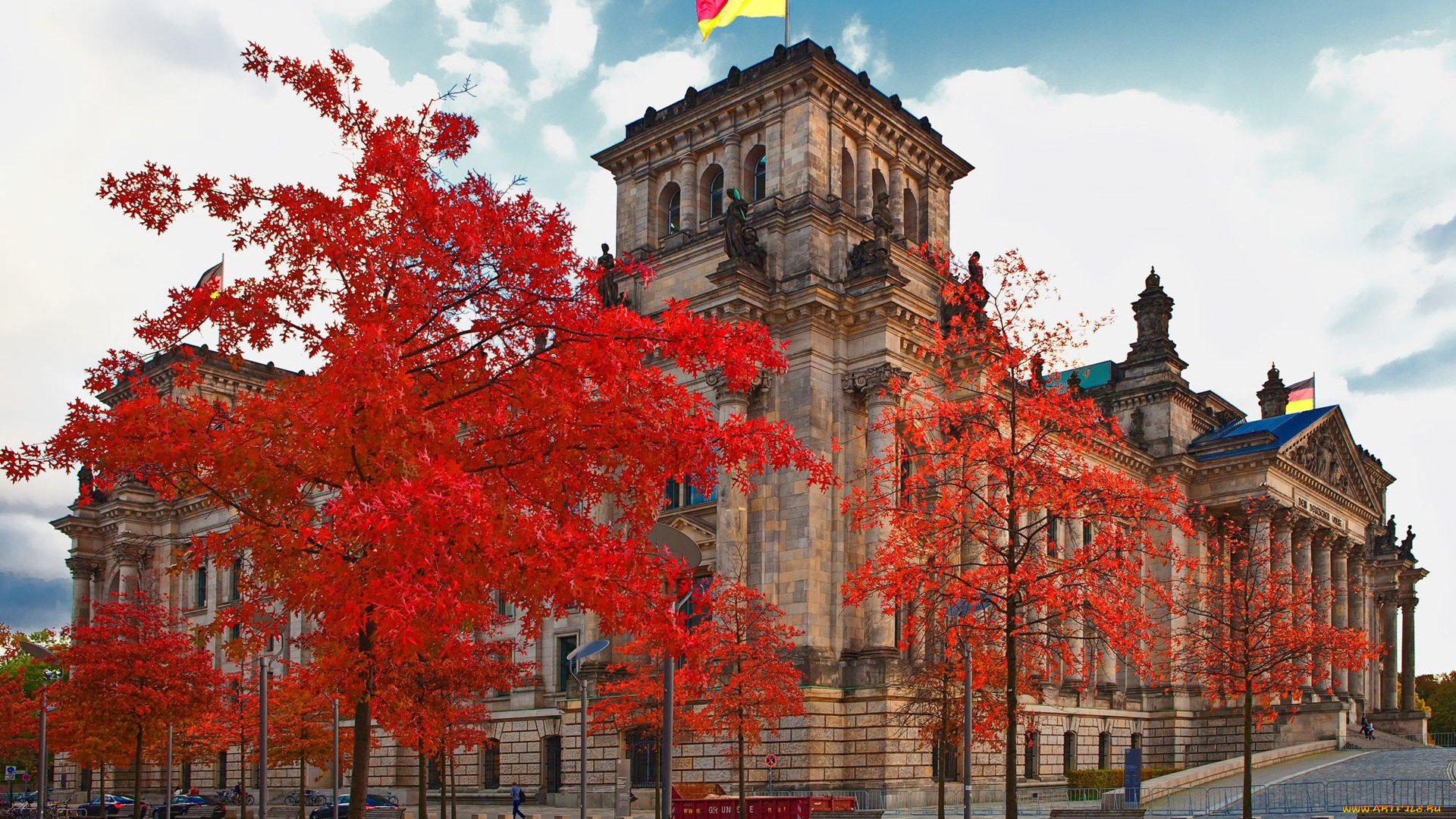 города, берлин, , германия, флаг, осень, скамейки