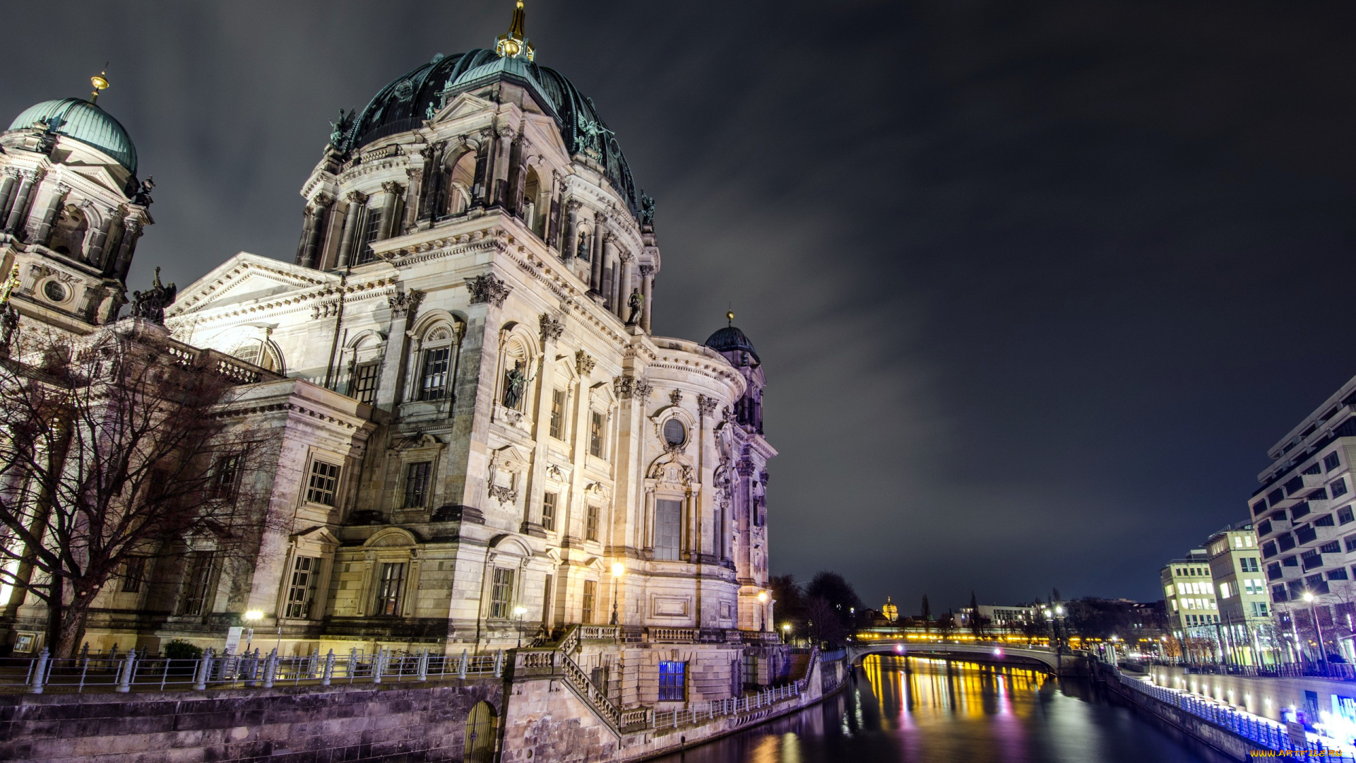 города, берлин, , германия, огни, вечер, собор, река