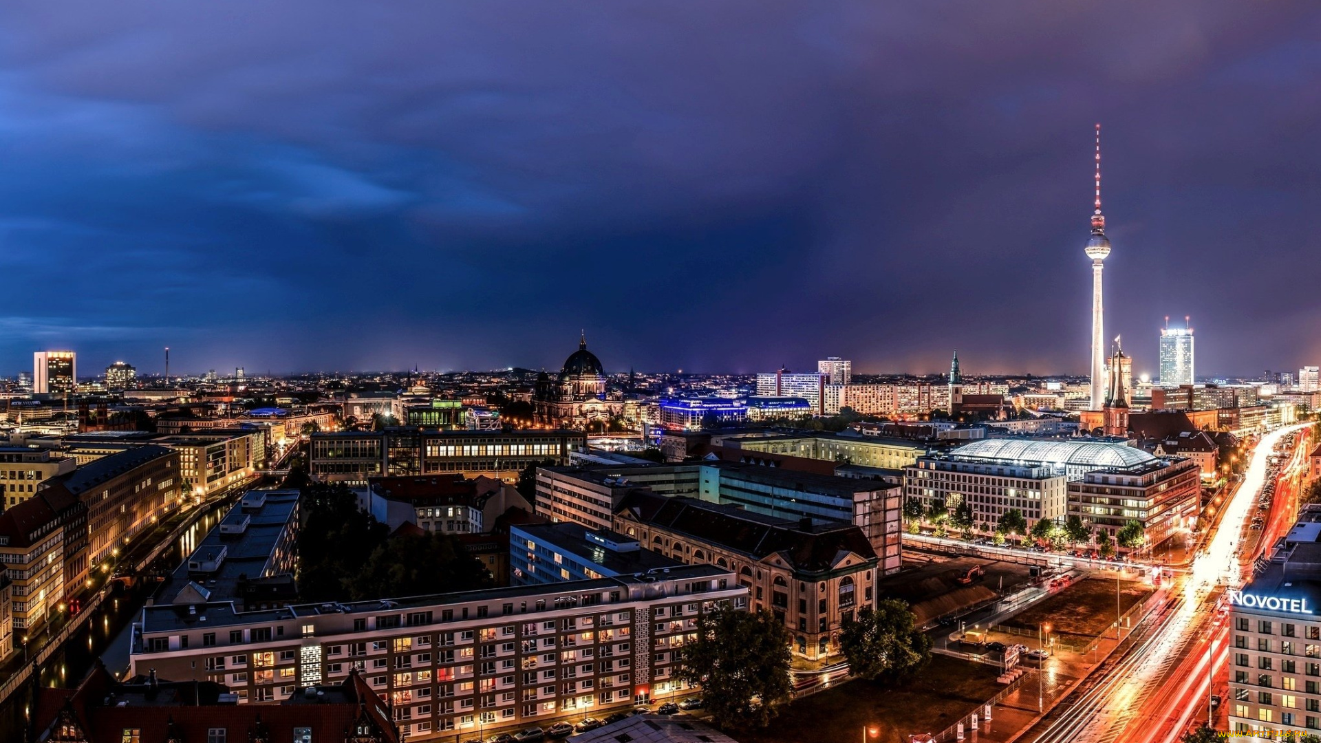 города, берлин, , германия, огни, вечер, телевышка, панорама