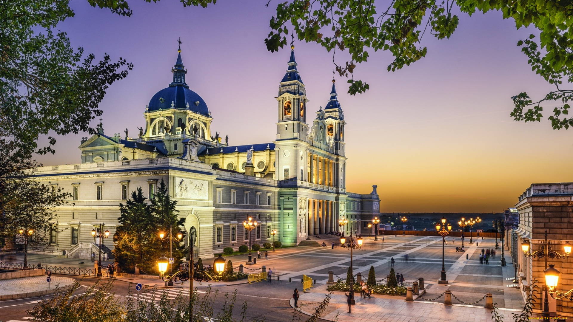 города, мадрид, , испания, площадь, огни, вечер, собор