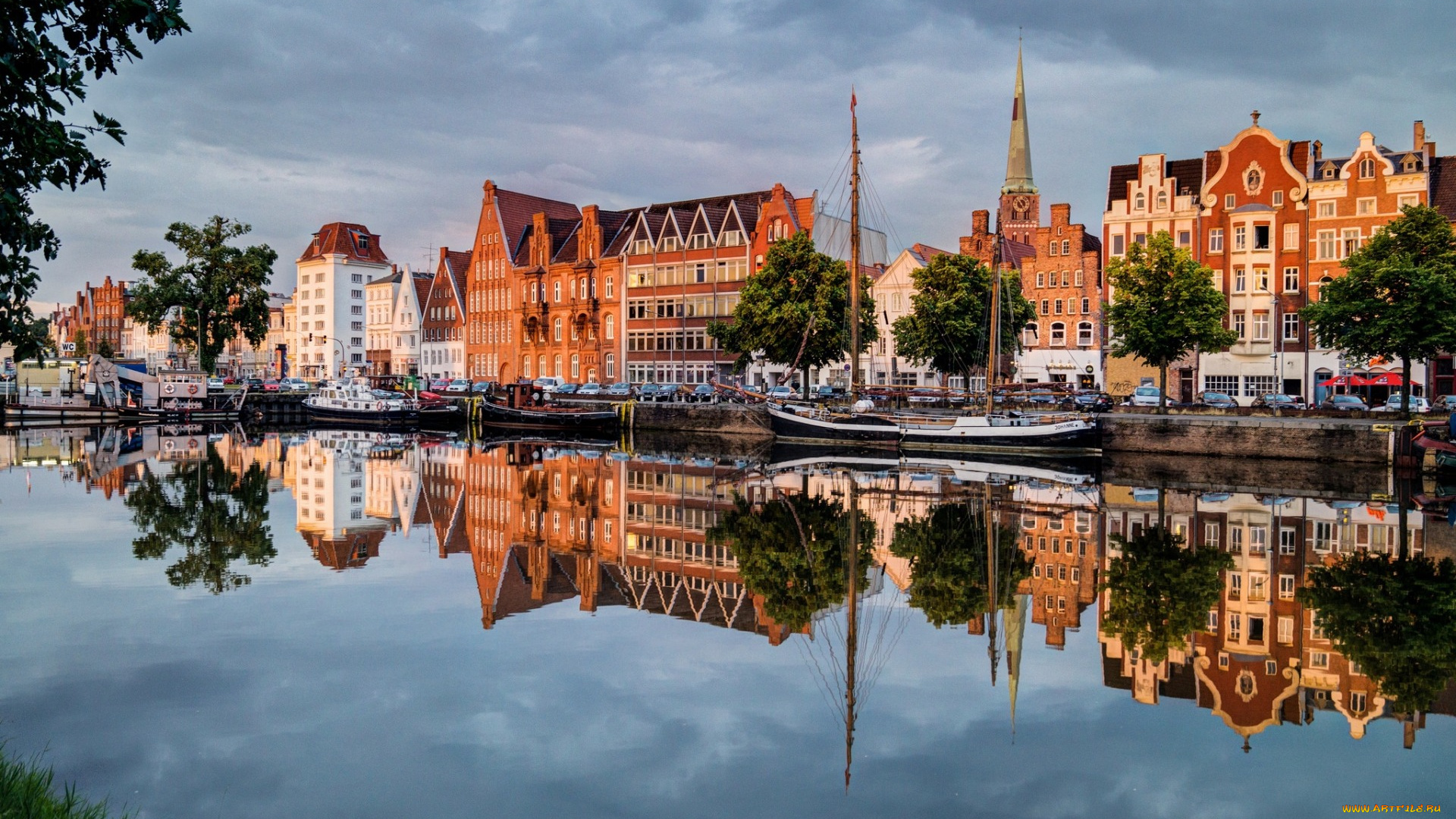 любек, германия, города, -, пейзажи, городские, пейзажи, парусники, канал, закат, вечер