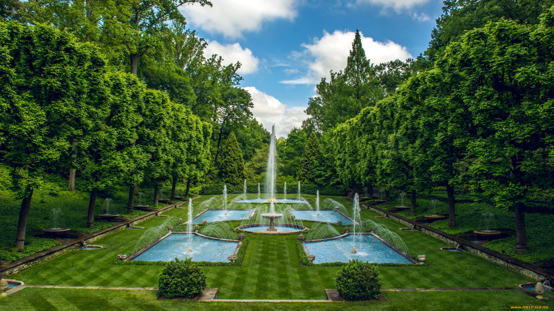 природа, парк, фонтаны, лужайка