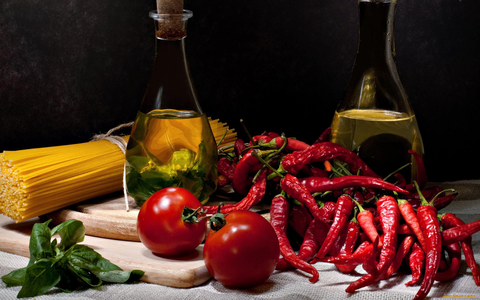 еда, натюрморт, спагетти, макароны, перец, помидоры, томаты