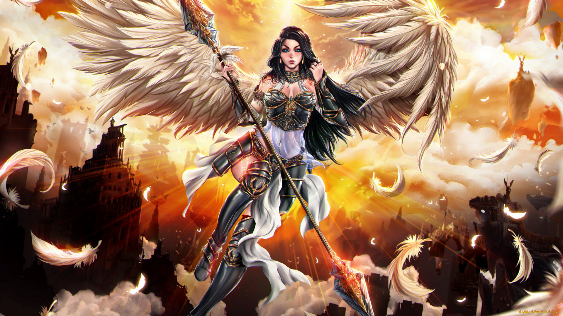 фэнтези, ангелы, девушка, фон, взгляд, униформа, крылья, копьё