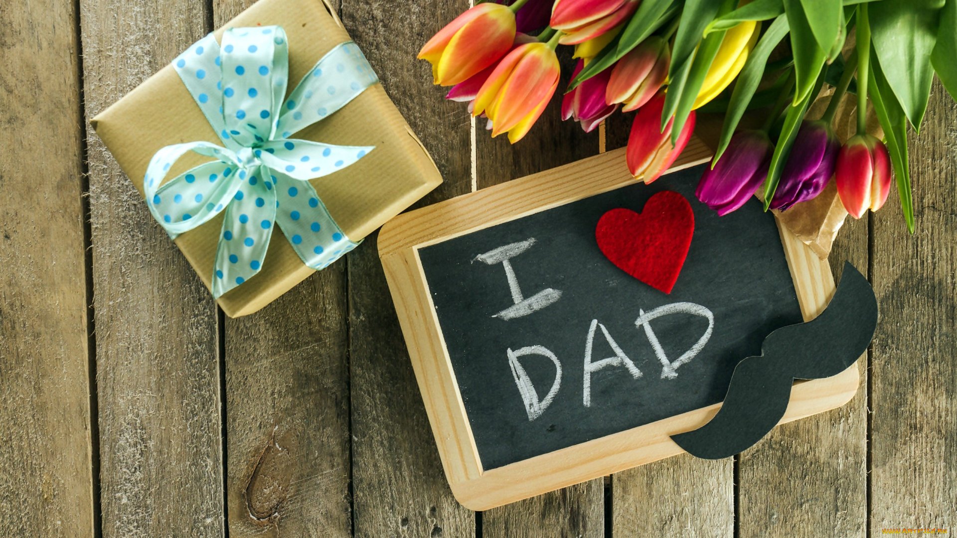 праздничные, день, отца, подарок, надпись, тюльпаны