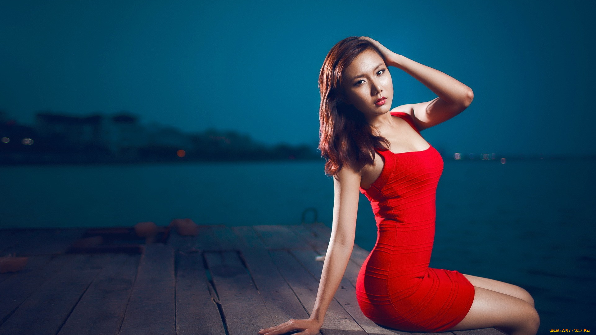 девушки, -, азиатки, шатенка, платье, причал