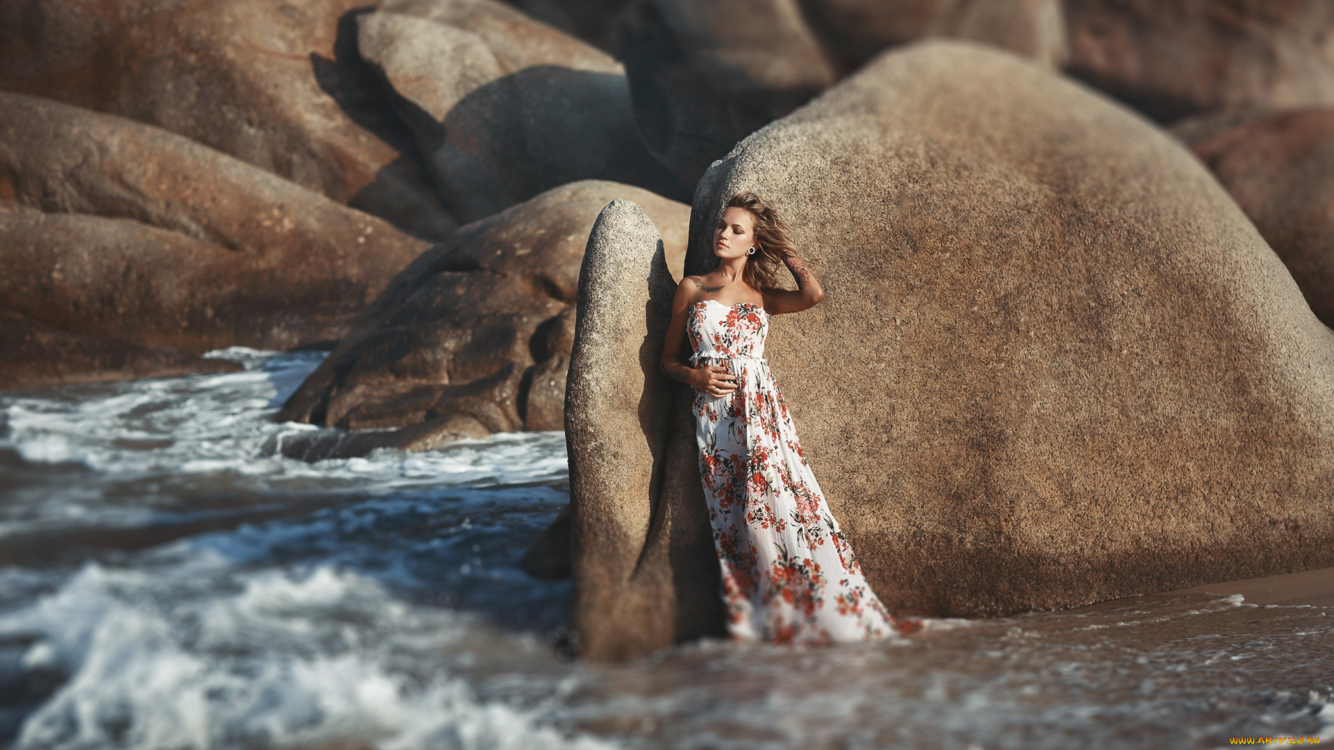 девушки, -, блондинки, , светловолосые, блондинка, платье, море, скалы, прибой