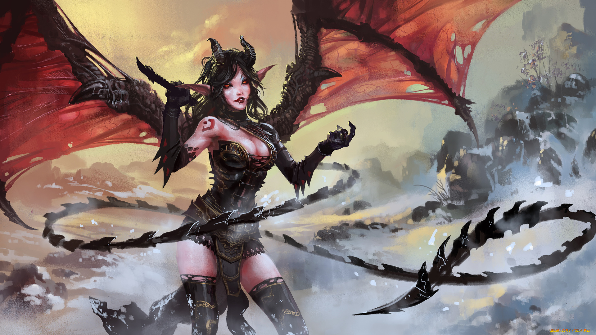 фэнтези, существа, девушка, фон, взгляд, крылья, рога, уши