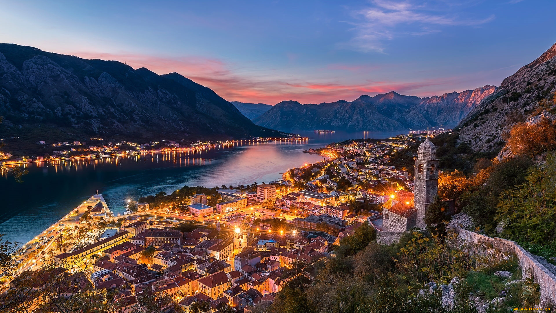 tivat, montenegro, города, -, огни, ночного, города