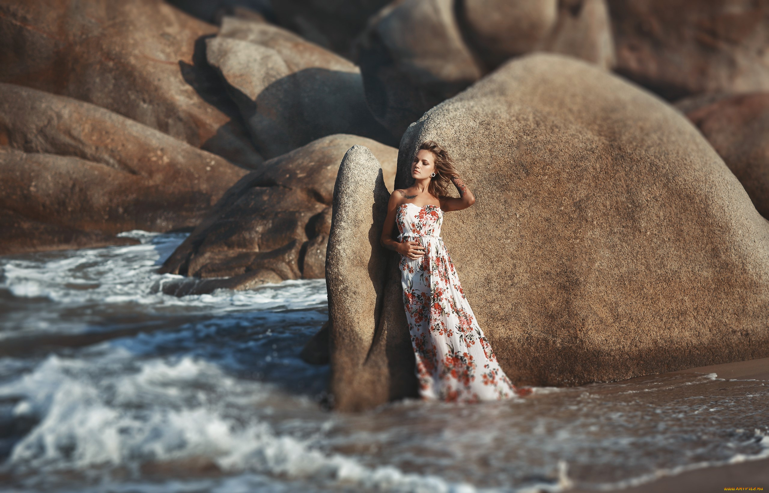 девушки, -, блондинки, , светловолосые, блондинка, платье, море, скалы, прибой