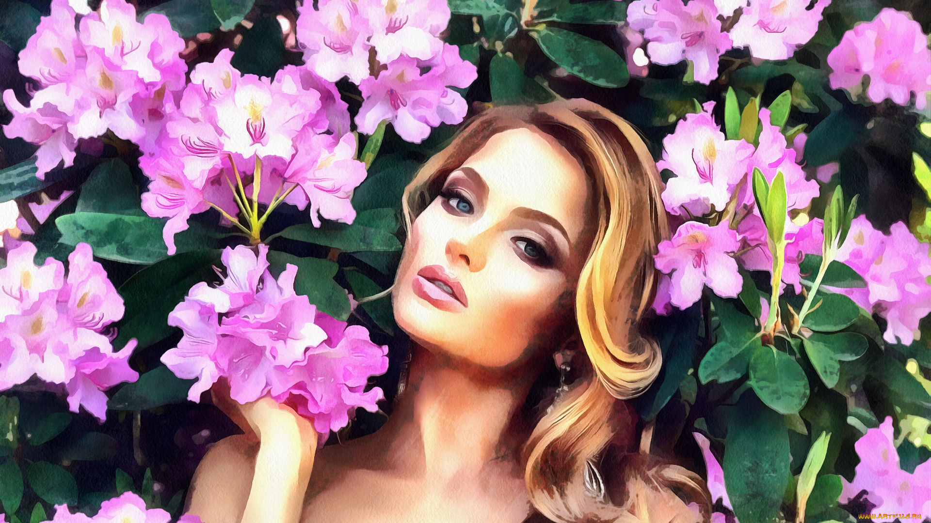 девушка, в, розовых, цветах, рисованное, люди, девушка, розовые, цветы