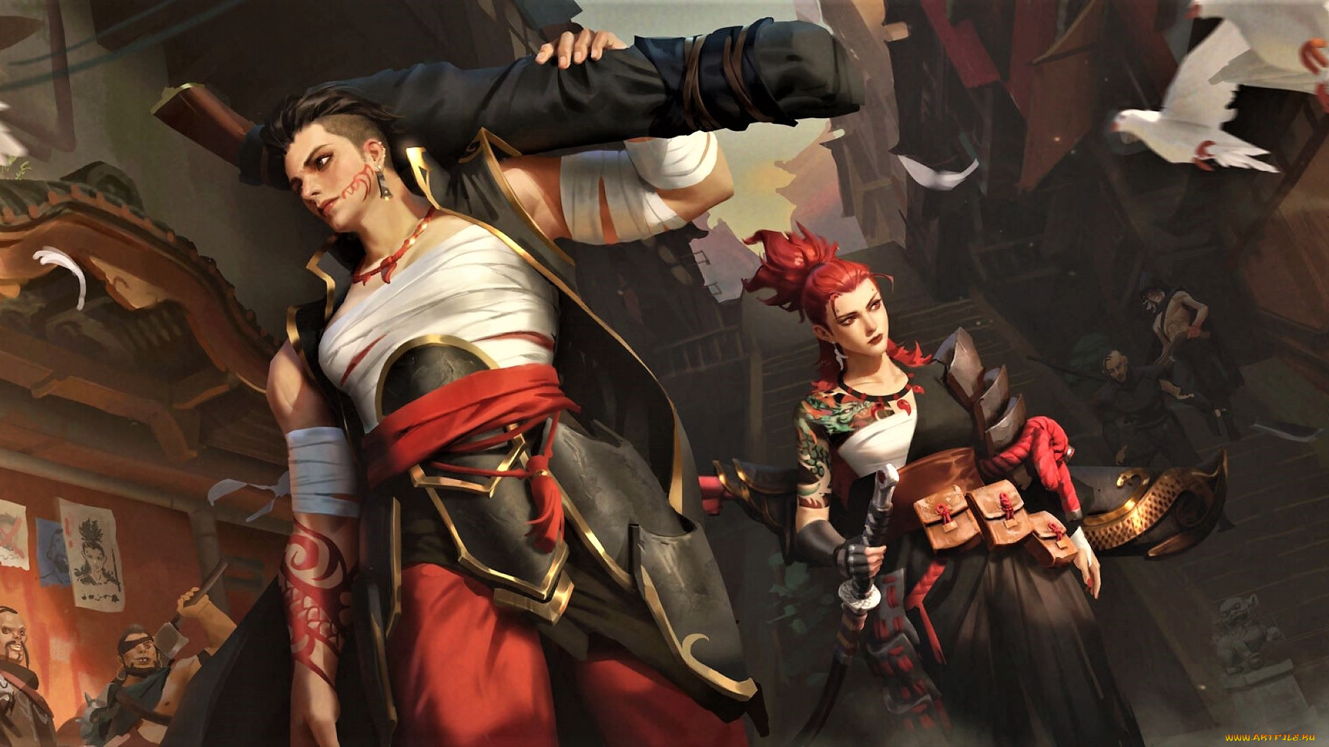 фэнтези, люди, оружие, улица, птицы