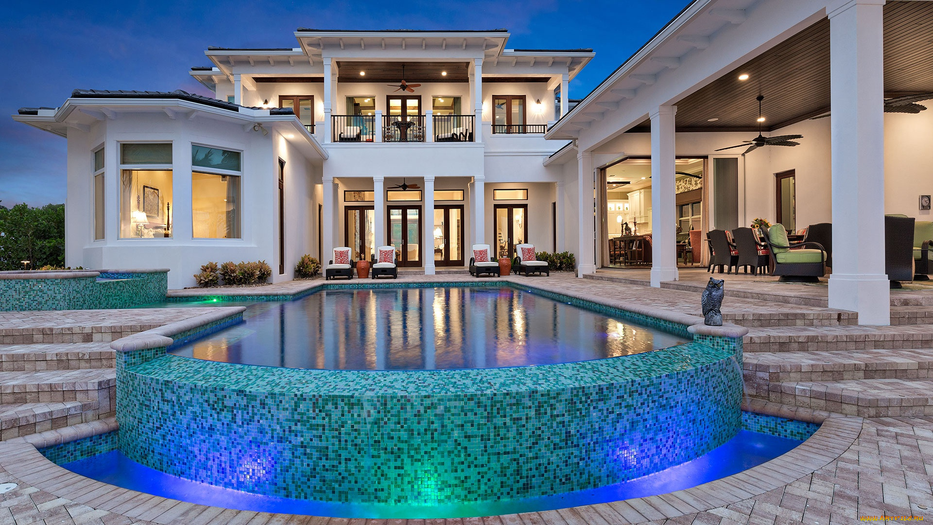 интерьер, бассейны, , открытые, площадки, дизайн, стиль, вилла, вечер, бассейн, освещение, архитектура, фасад