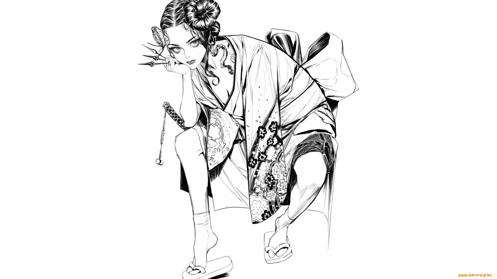 рисованное, люди, девушка, кимоно