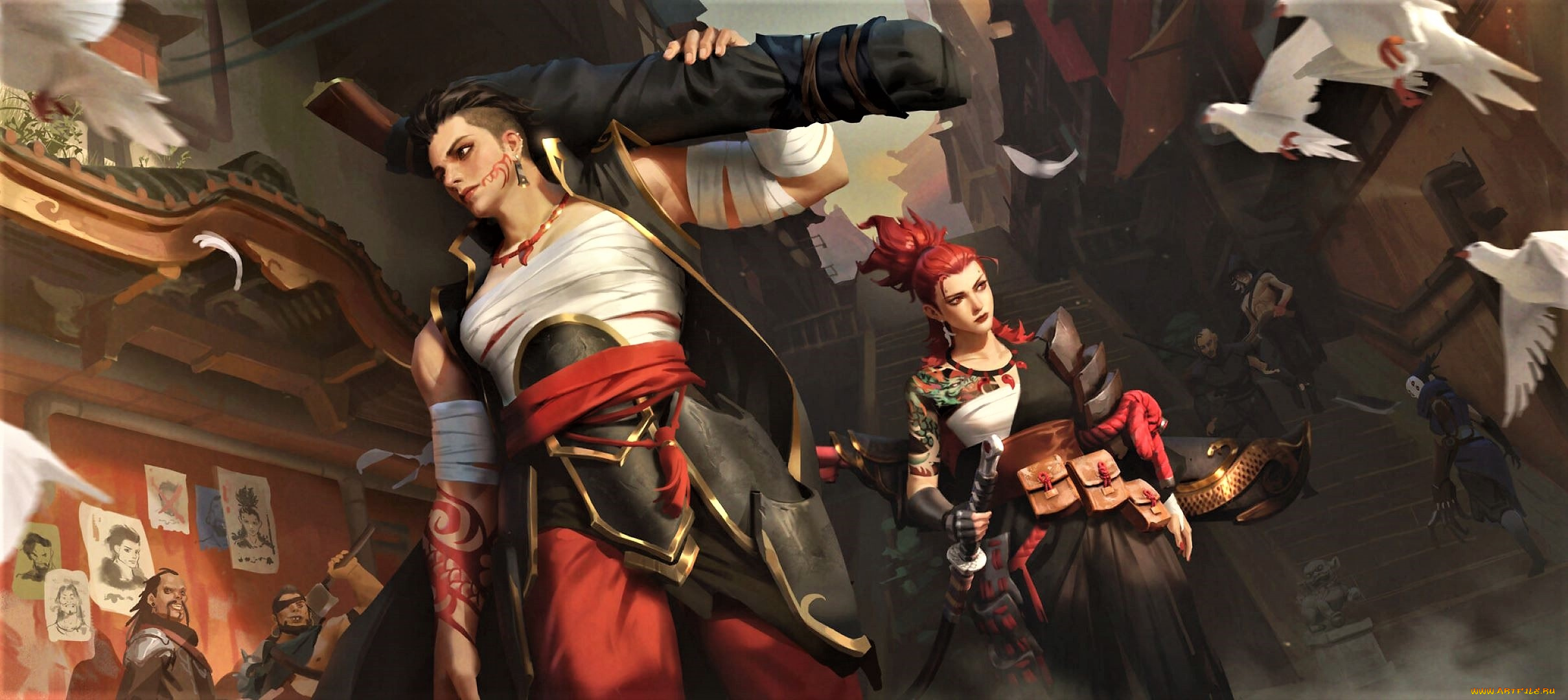 фэнтези, люди, оружие, улица, птицы