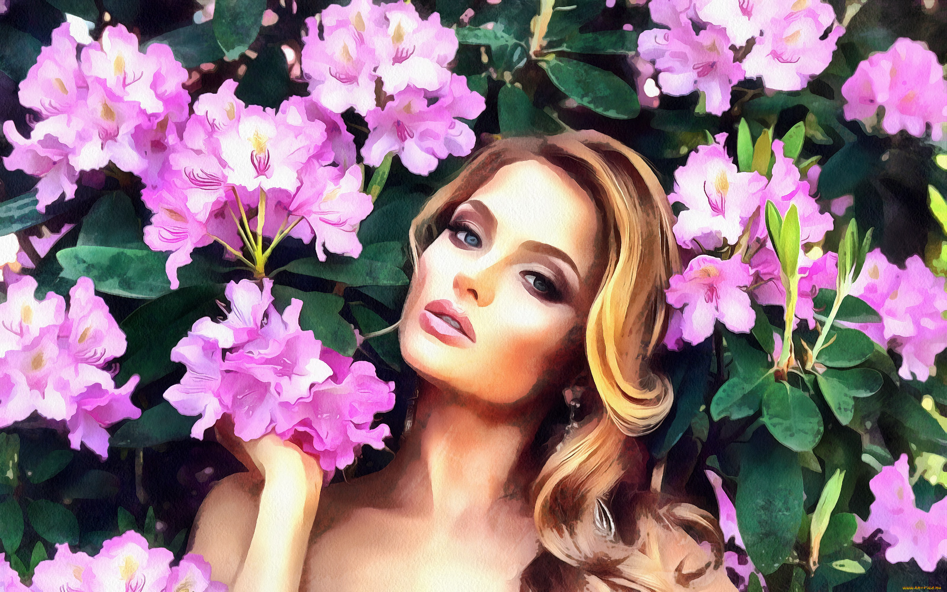 девушка, в, розовых, цветах, рисованное, люди, девушка, розовые, цветы