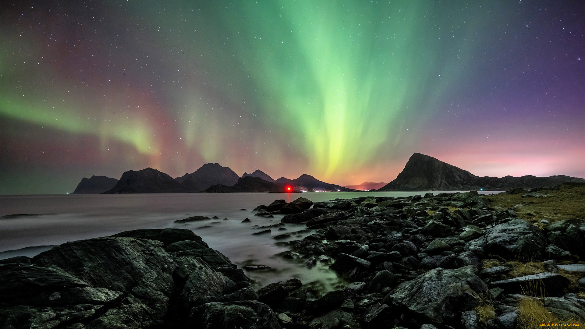 природа, северное, сияние, северное, сияние, горы, камни, море