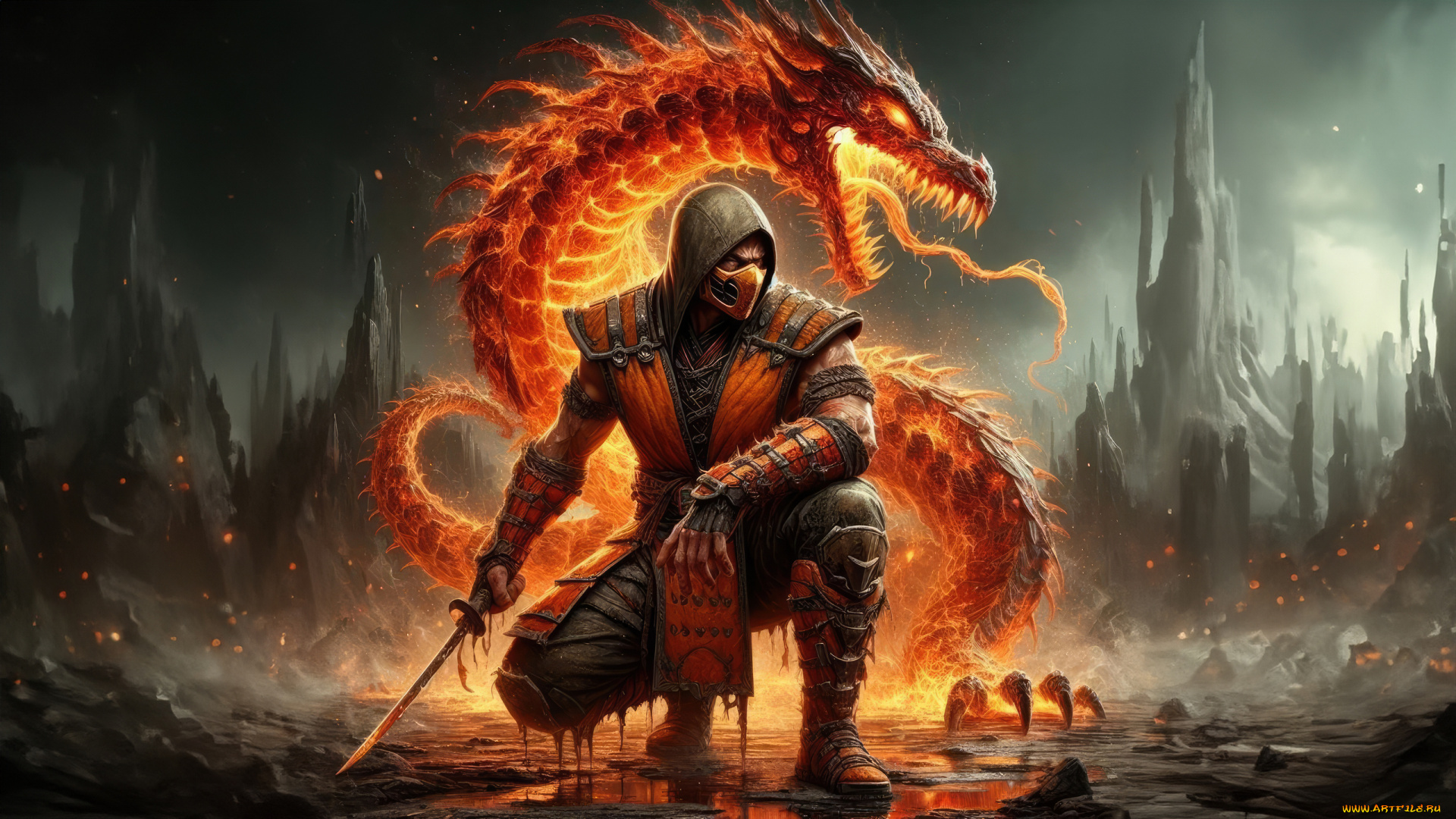 видео, игры, mortal, kombat, scorpion, samurai, mortal, kombat, artwork, digital, art