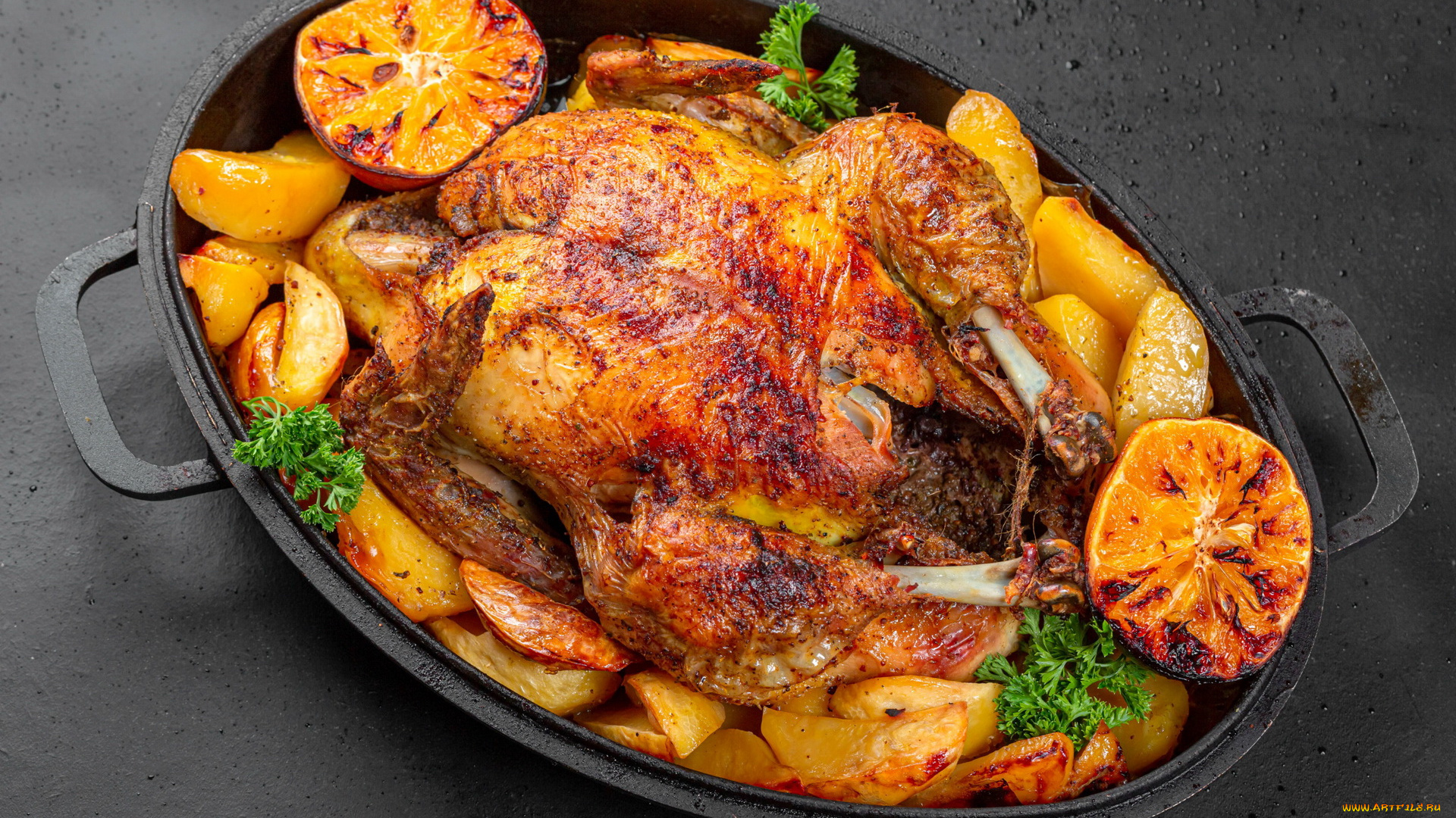 еда, мясные, блюда, петрушка, картофель, запеченная, курица