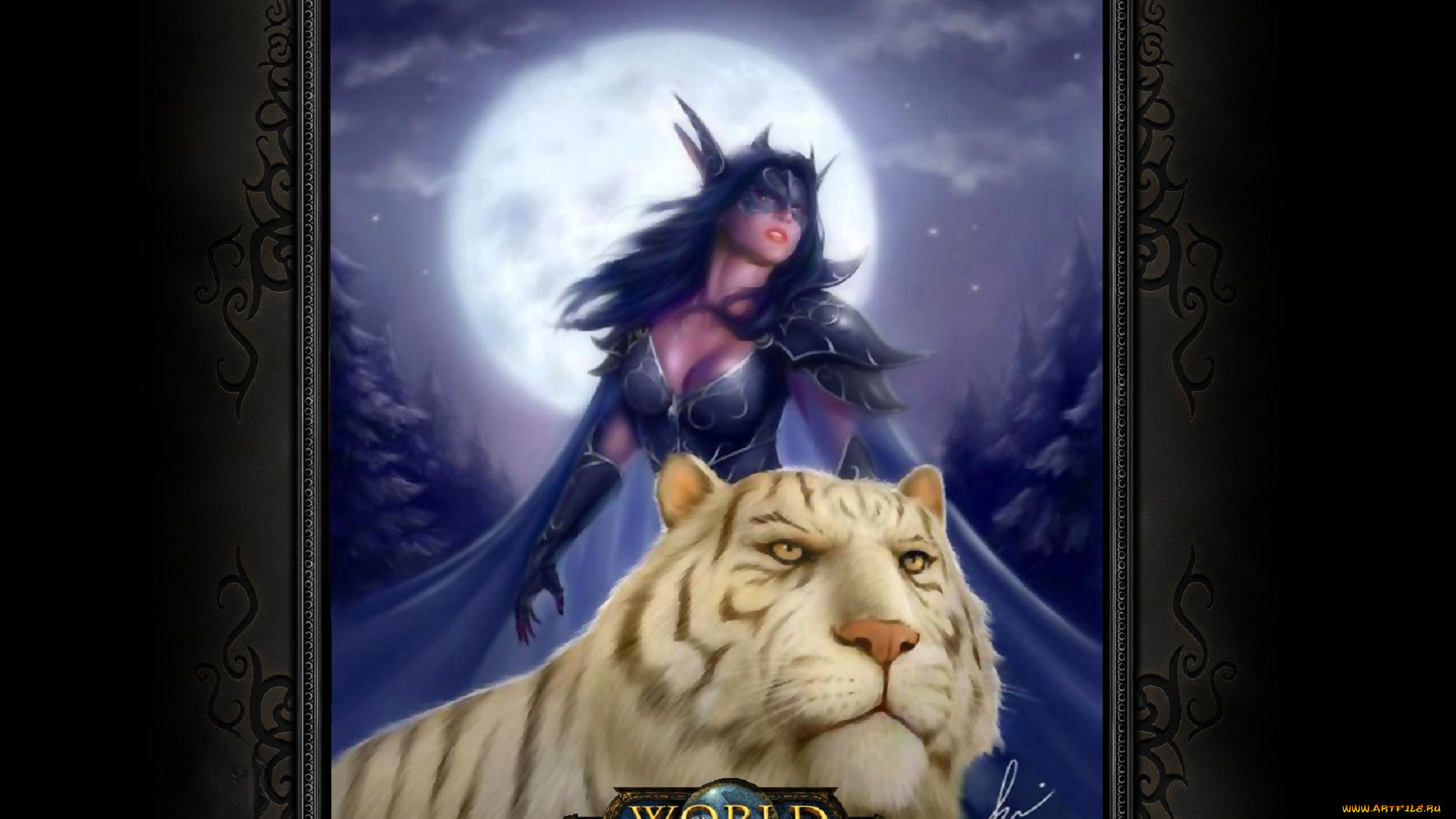 видео, игры, world, of, warcraft, девушка, плащ, тигр, луна