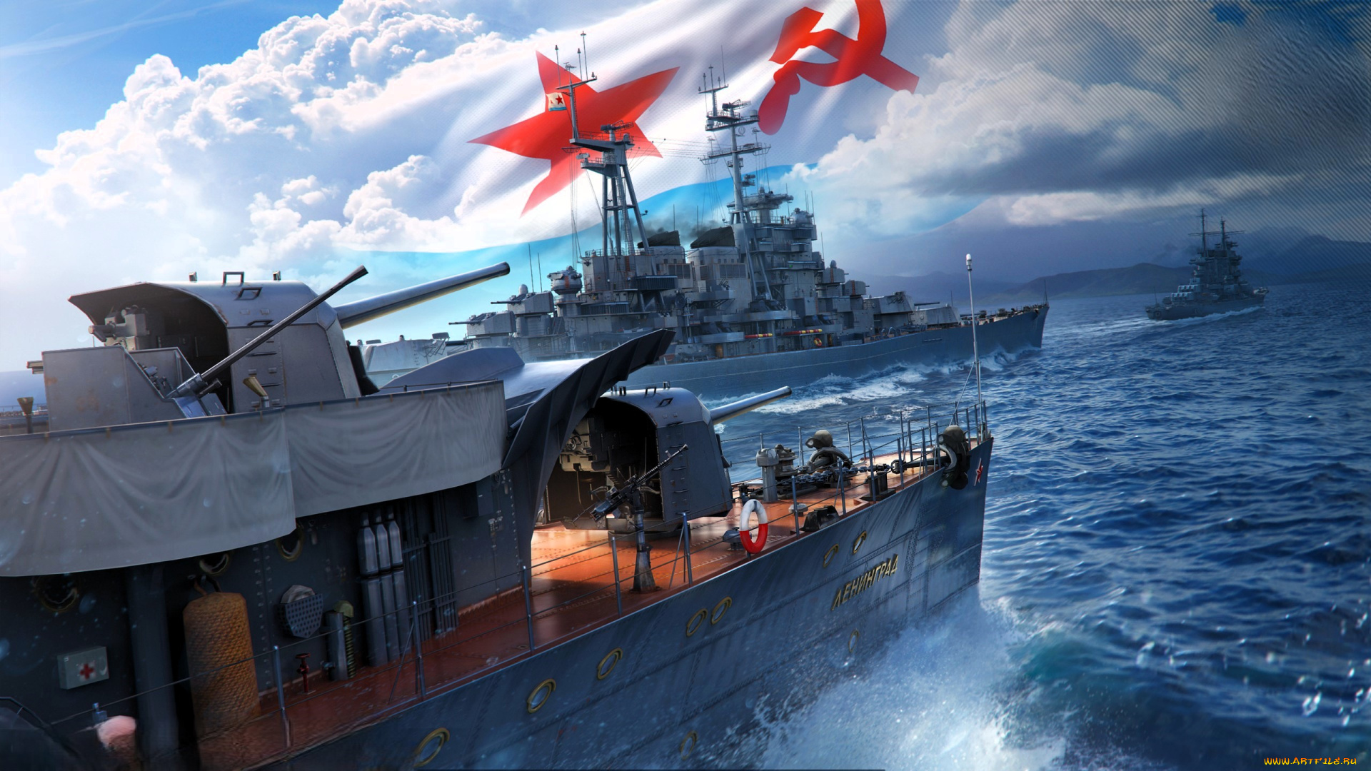 видео, игры, world, of, warships, корабли, море, облака, флаг