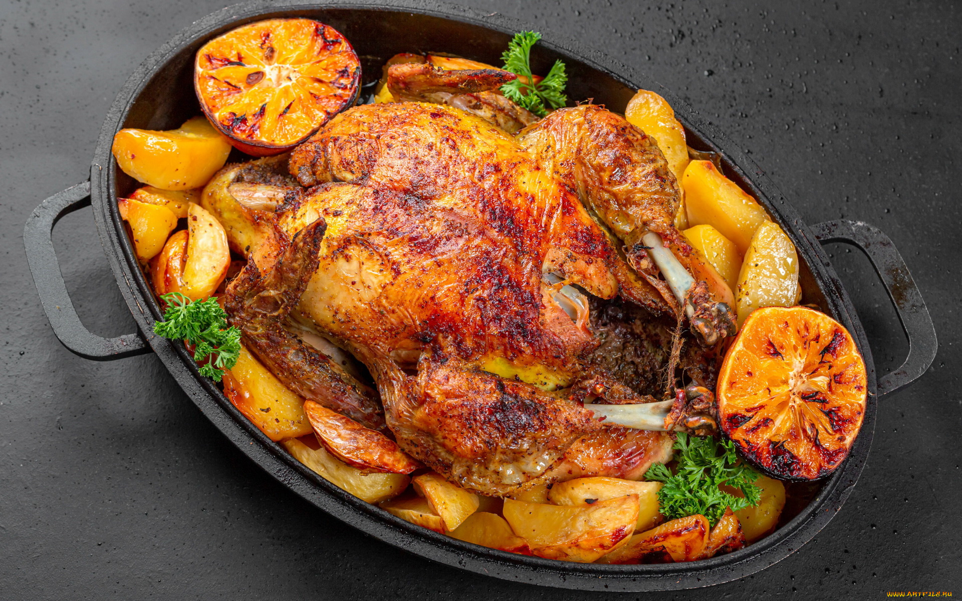 еда, мясные, блюда, петрушка, картофель, запеченная, курица