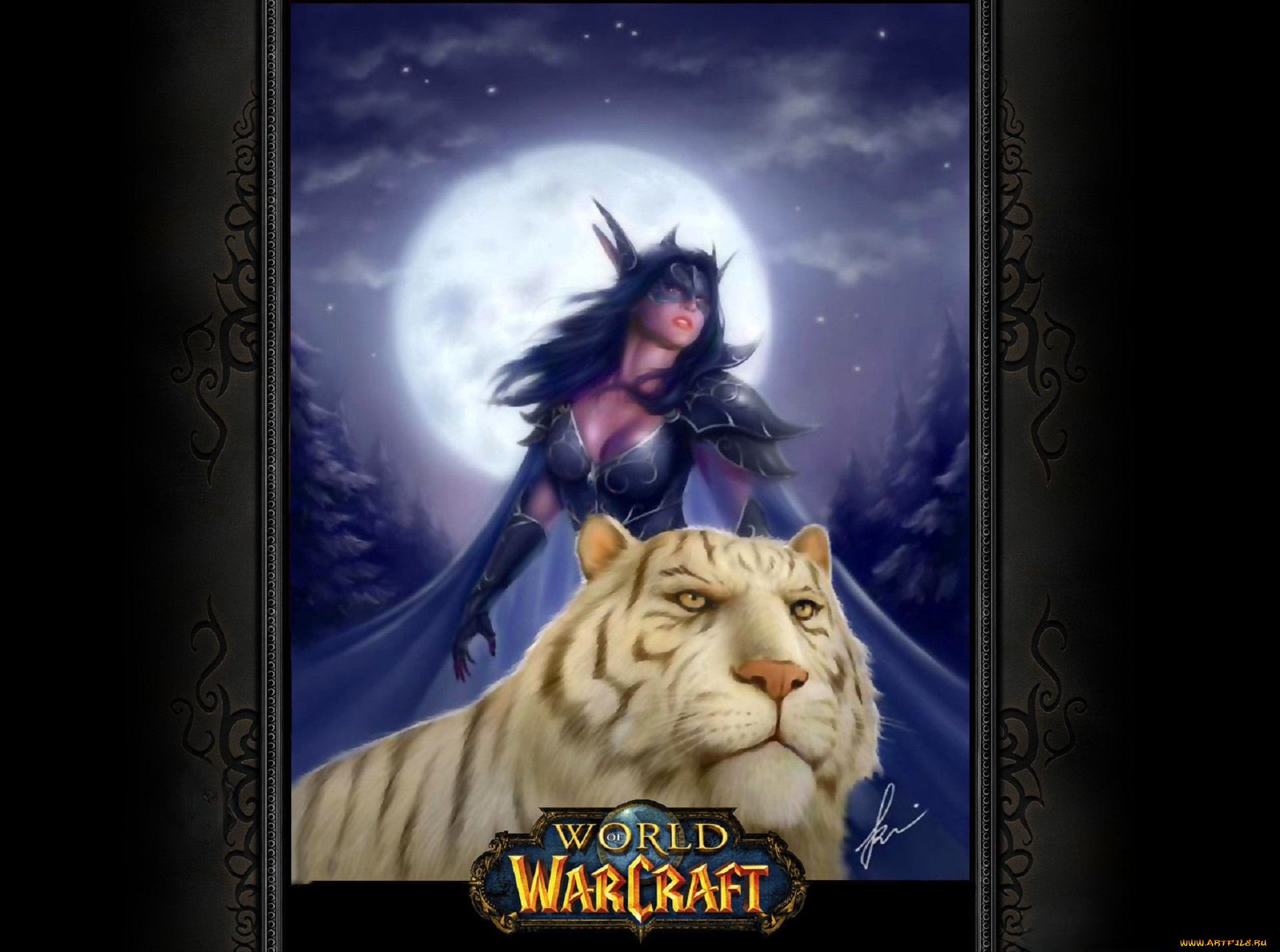 видео, игры, world, of, warcraft, девушка, плащ, тигр, луна