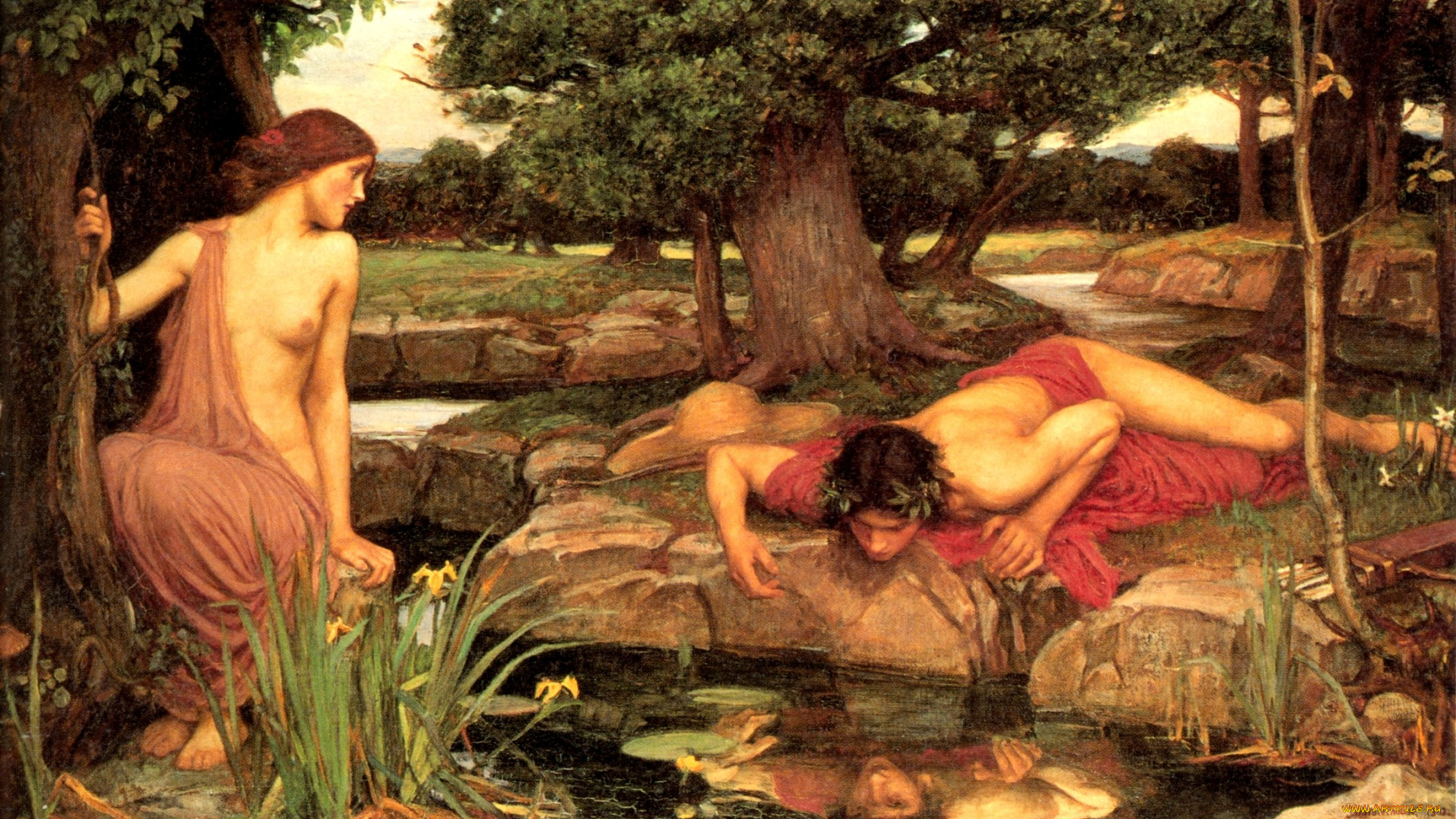 джон, уильям, уотерхаус, эхо, нарцисс, рисованные, john, william, waterhouse, нимфа, мужчина, женщина, ручей, отражение, ню, любовь, миф