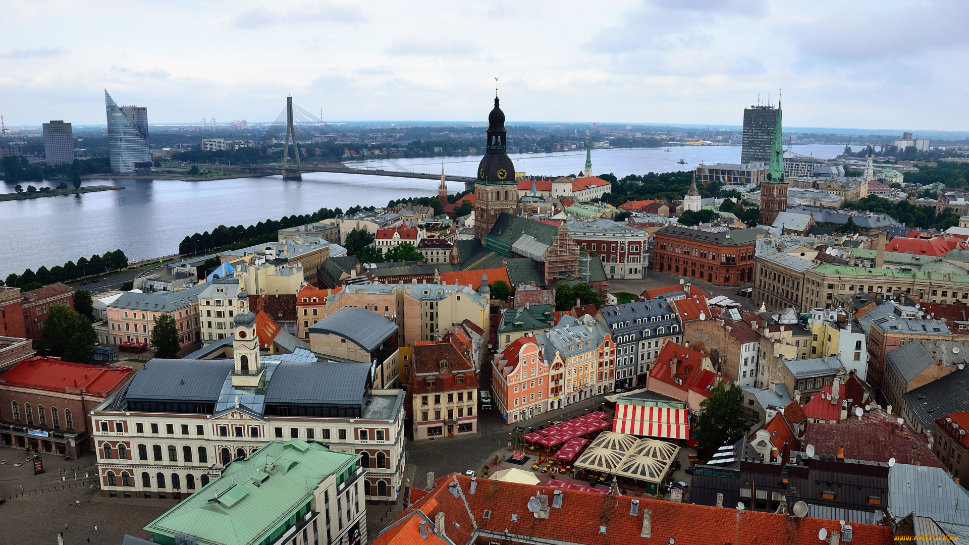 города, рига, латвия, дома, крыши, мост