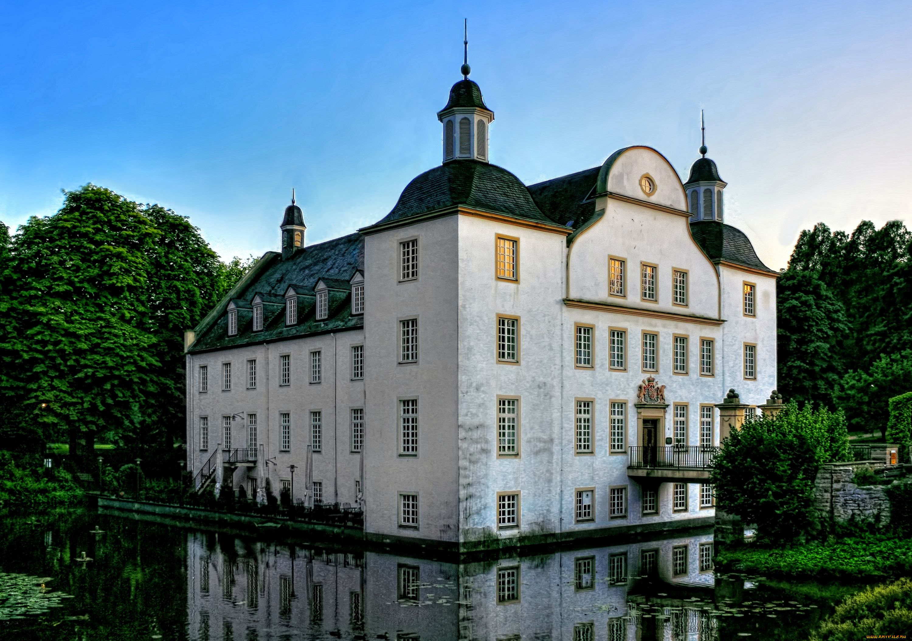дворец, эссен, германия, города, дворцы, замки, крепости, белый, вода