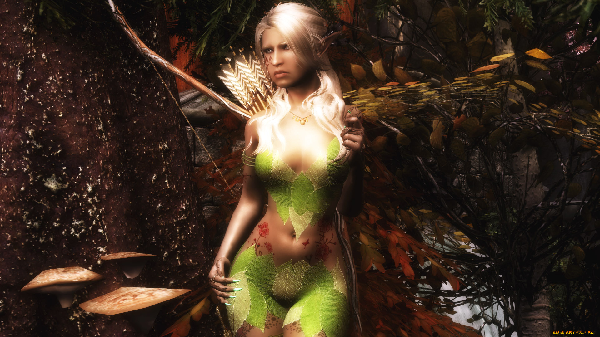 3д, графика, elves, эльфы, когти, лук, лес, эльфийка