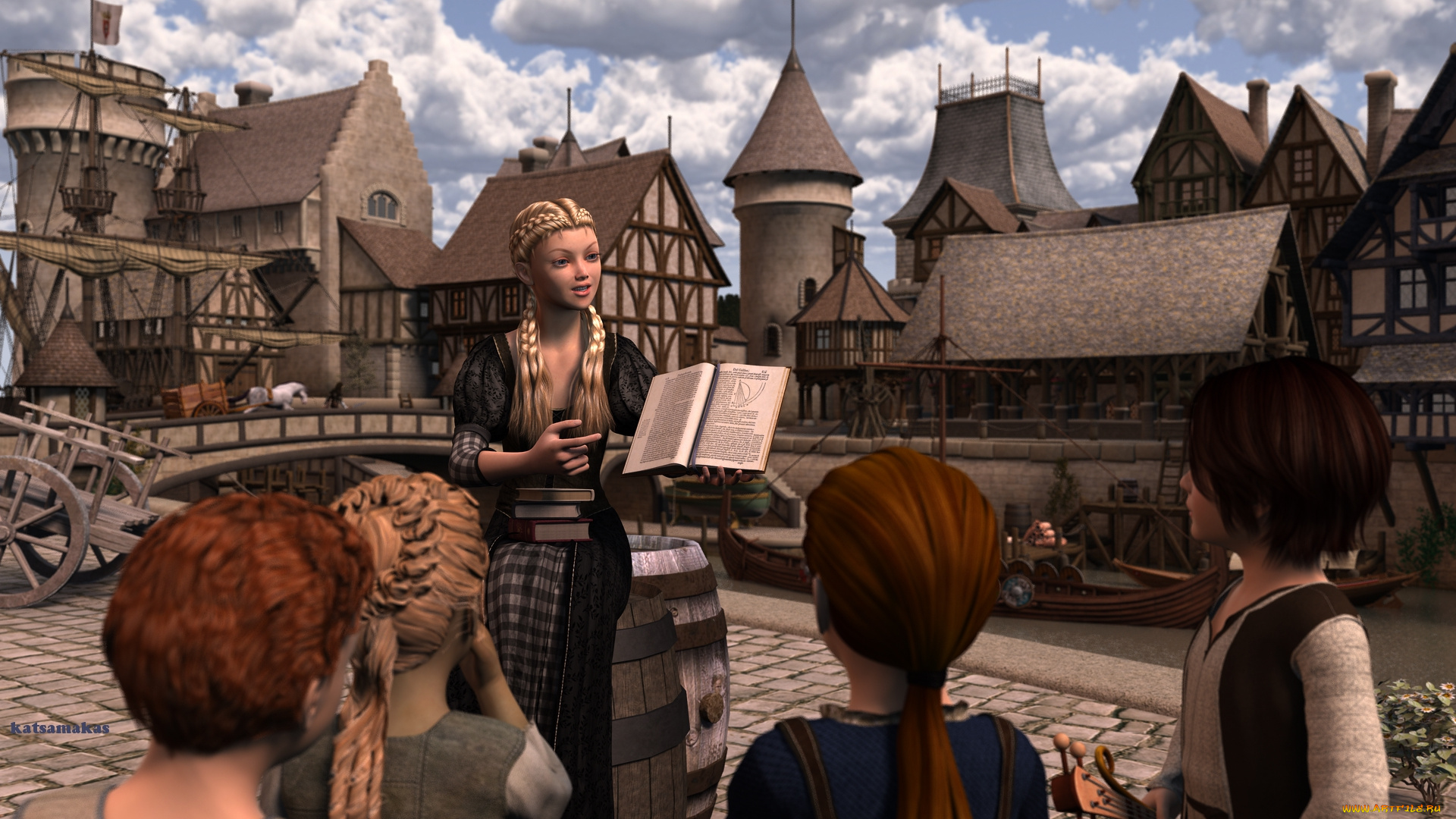 3д, графика, people, люди, дома, мост