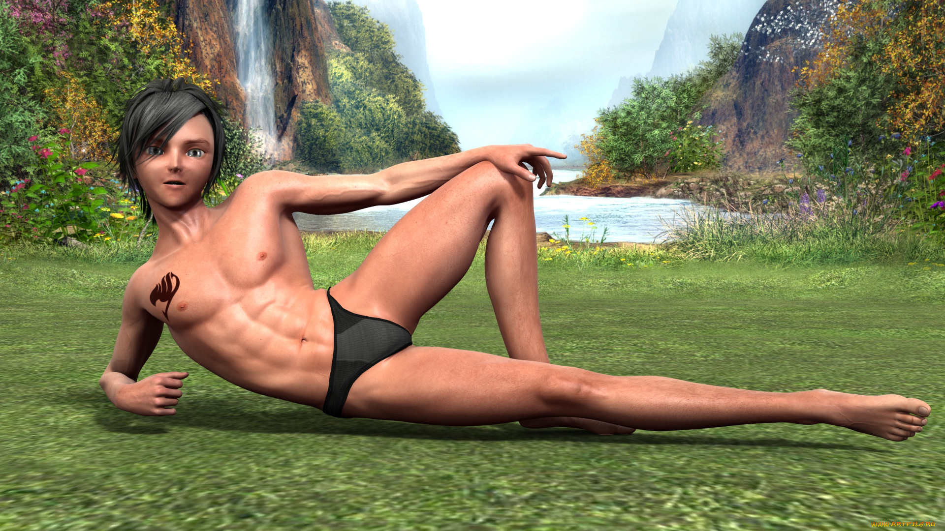 3д, графика, people, люди, мальчик, трава, водопад