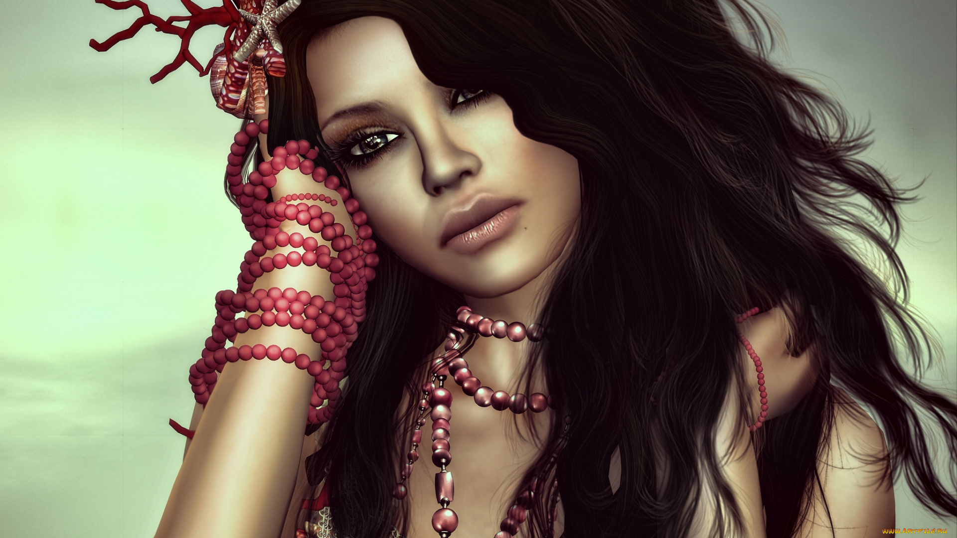 3д, графика, portraits, портрет, волосы, браслеты, брюнетка