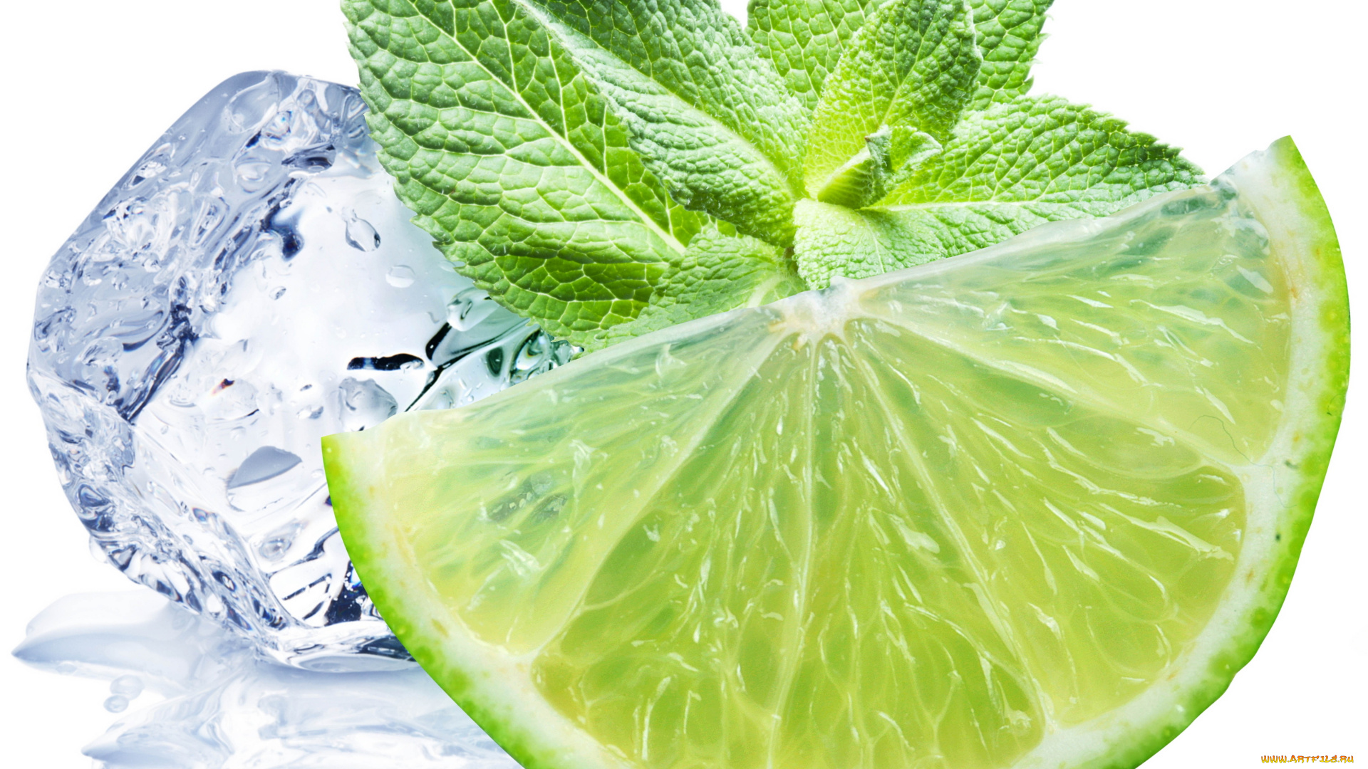 еда, цитрусы, лёд, лимон, разрез, долька, белый, фон, мята, листики