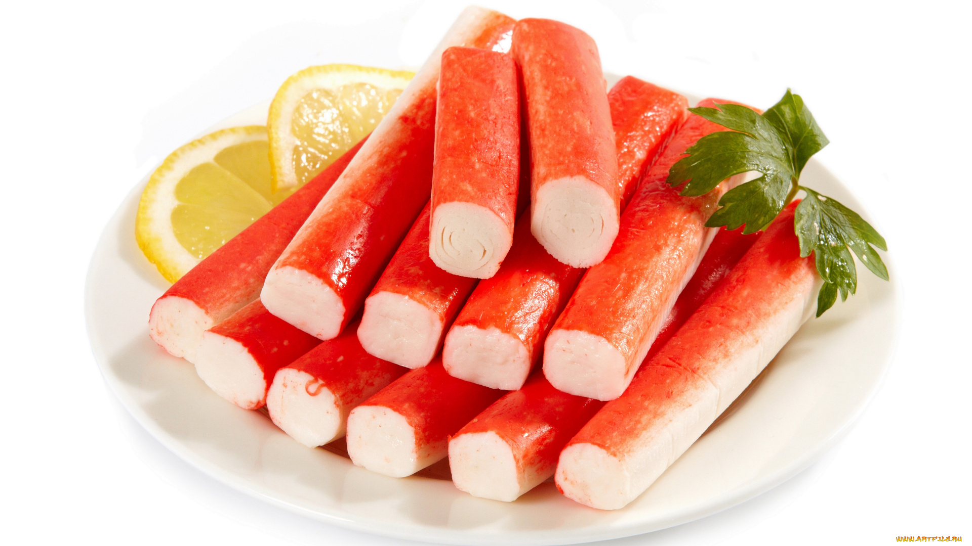 еда, рыбные, блюда, морепродуктами, белый, фон, петрушка, лимон, тарелка, палочки, краб